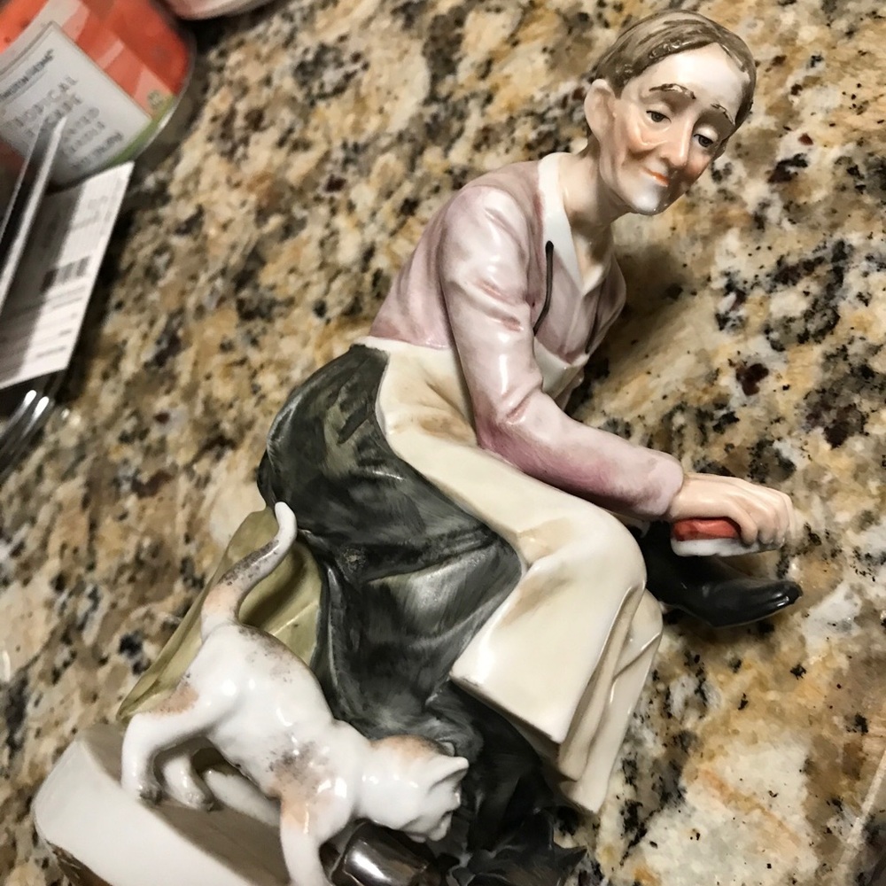 Antique Dutch Woman Shining Shoe with Cat Porcelain Figurine